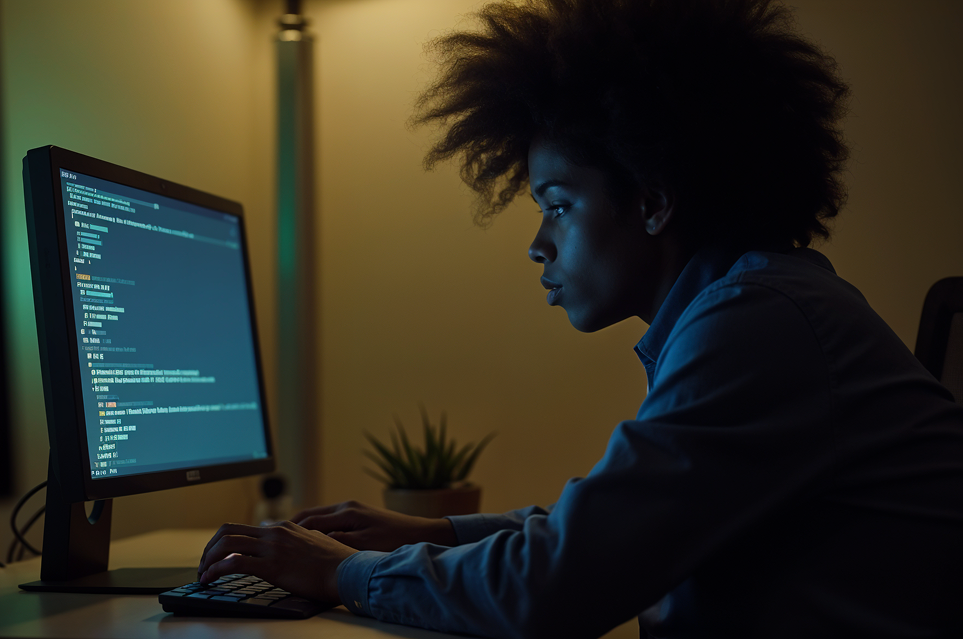 Desenvolvedor trabalhando em computador com código