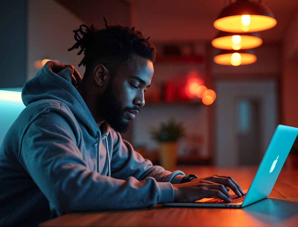 Desenvolvedor trabalhando em laptop com iluminação laranja